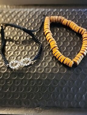 Crystal Infinity Black Cord Bracelet with Tan Wooden Bead Bracelet Set